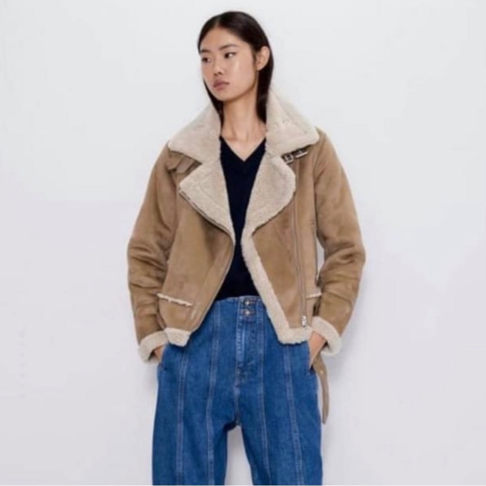 Zara shearling faux suede biker jacket size S small
